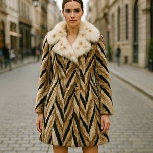 Vintage Marie Enny Real Mink Fur Coat Genuine FoxFur Collar Tiger Stripe Pattern